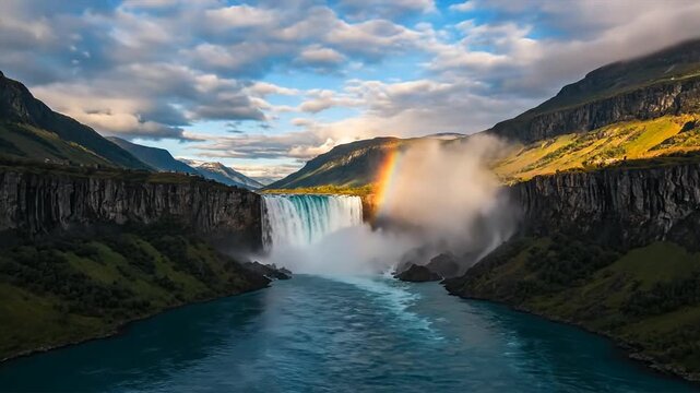 Majestic waterfall cascades into a vibrant blue river carving through a lush green canyon crowned by a dramatic sky and a fleeting rainbow a breathtaking natural spectacle of raw power and serene beau