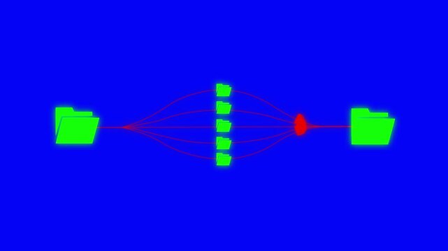 Data migration and file transfer process animation on blue background