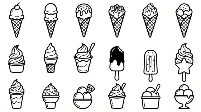 Collection of illustrated ice cream icons in various styles and serving options