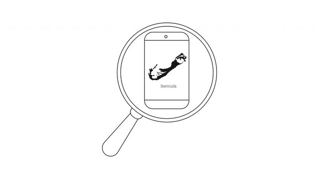 Magnifying glass over smartphone displaying Bermuda map and text.
