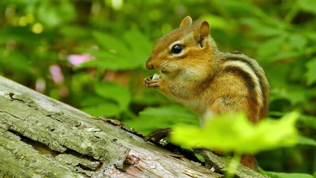 A chipmunk perched on a tree branch in a lush green forest environment