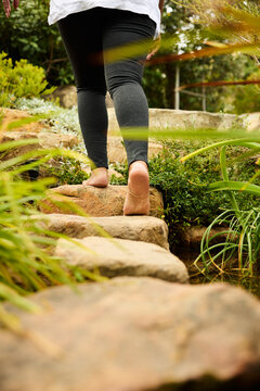 Walking on Stone Path Through Greenery by a Stream