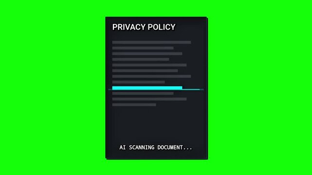 AI scanning privacy policy document with blue line on green screen background