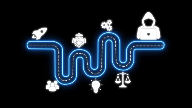 Business roadmap infographic with neon glowing path and