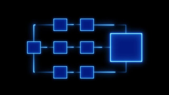 Digital network flowchart with glowing blue neon nodes and data connections