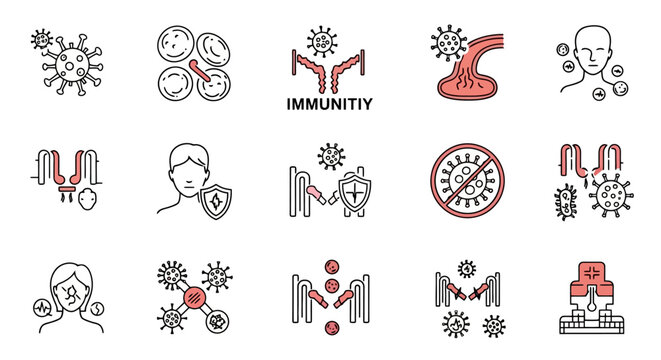 Collection of icons representing the human immune system fighting off viruses and bacteria, illustrating defense mechanisms and health.