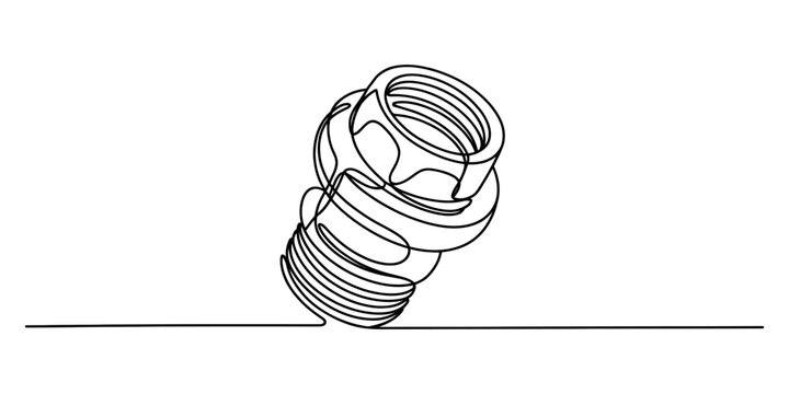 Continuous line drawing Industrial metal screw, threaded bolt, mechanical fastener, black line drawing