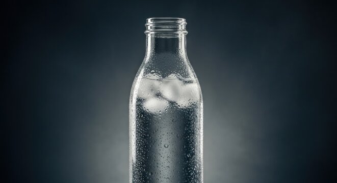 Clear Glass Bottle Filled with Ice Cubes and Water.