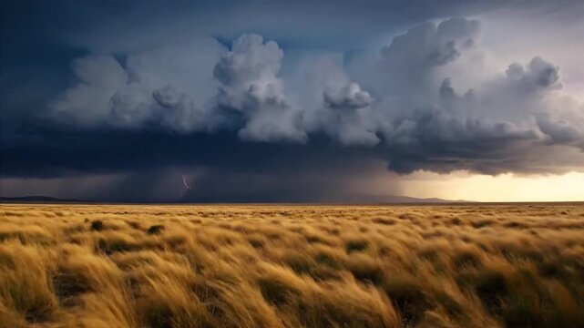 Dramatic stormy sky with dark turbulent clouds descending over a windswept golden grassland hinting at nature's raw power and an impending deluge across the vast open terrain under fading daylight. UH
