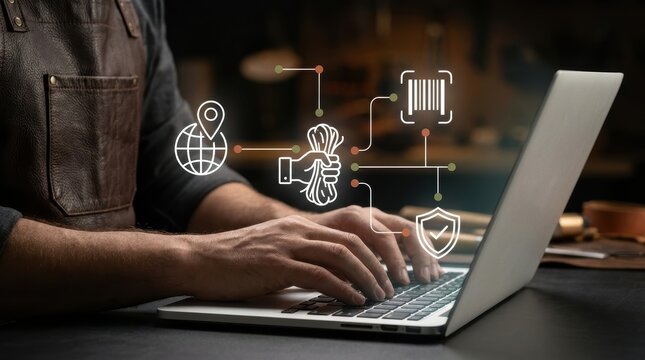 Artisan wearing leather apron typing on laptop with digital interface for supply chain logistics and resource tracking, ecommerce management, digital transformation modern technology business concept