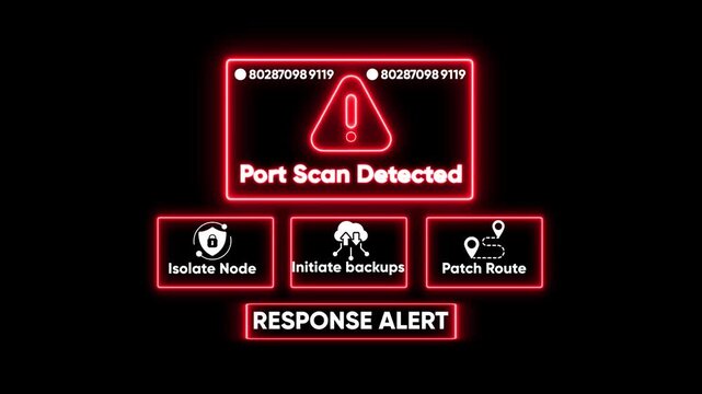 Cyber security port scan detected alert ui animation with neon red warning interface