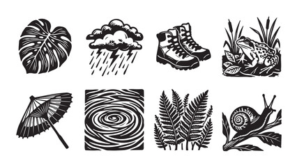 Outdoor and Nature Themed Black and White Vector Icon Collection with Rainy Elements © Anzuman