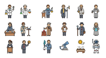 Fototapeta premium A collection of pixel art icons depicting various scientists and historical figures engaged in scientific pursuits.