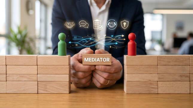 Mediator holding block between red and green figures symbolizing dispute resolution