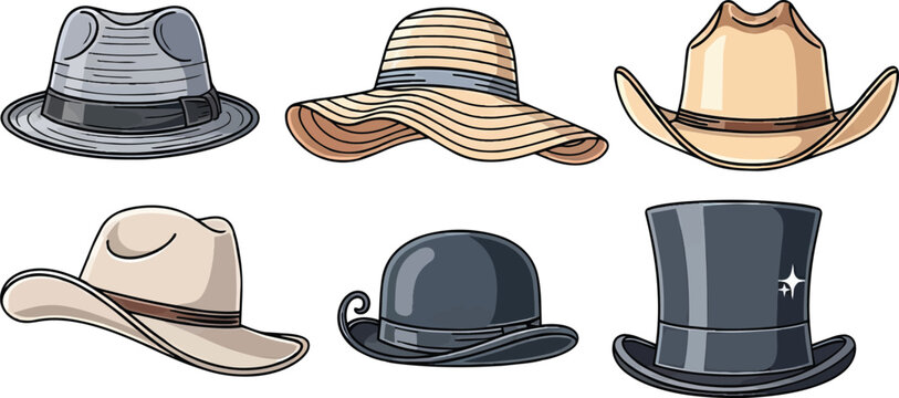 Set of six classic headwear items including vintage fedoras sun hats and western cowboy styles