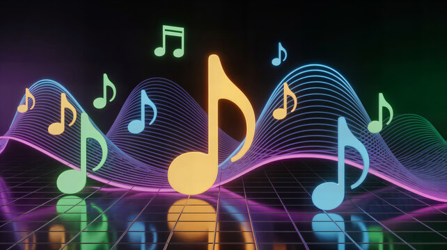Glowing neon musical notes floating above a dark grid floor with undulating light waves in shades of blue, purple, yellow, and green
