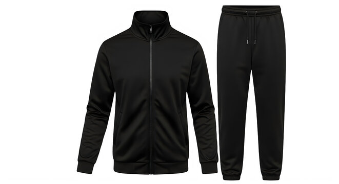 Black tracksuit set with jacket and pants isolated on transparent background, illustration