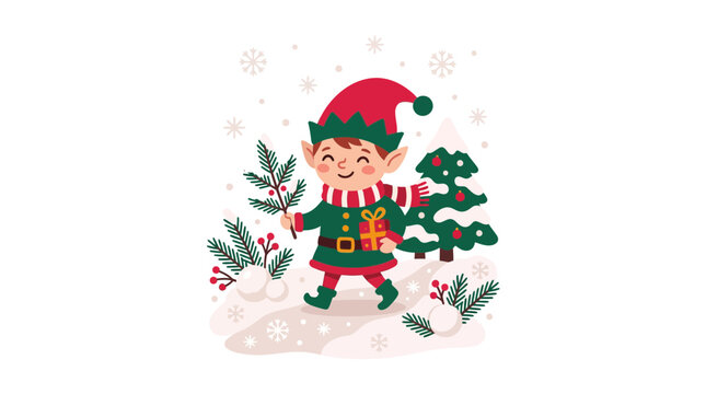 Christmas elf carrying a gift box in snowy winter landscape.