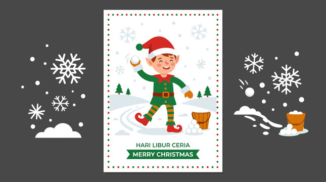 Christmas elf playing in the snow card.