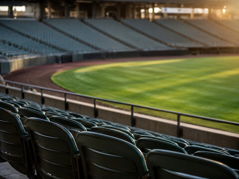 Empty stadium seats overlooking green sports field in warm sunlight, quiet arena view before game or after event
