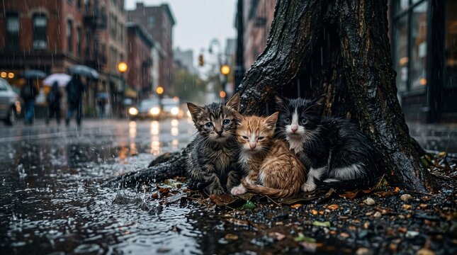 Three homeless kitten siblings taking shelter beneath a large tree on a rainy urban stree