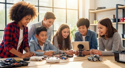 Fototapeta premium Diverse Group of Children Collaborating on a Robotics Project in a Bright STEM Classroom