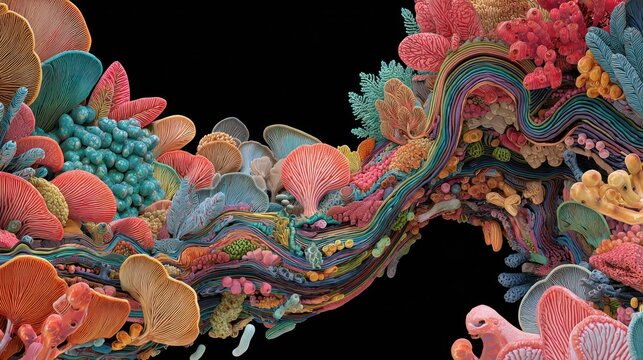 Intricate, densely packed assemblage of colorful, organic, flowing structures set against a stark black background