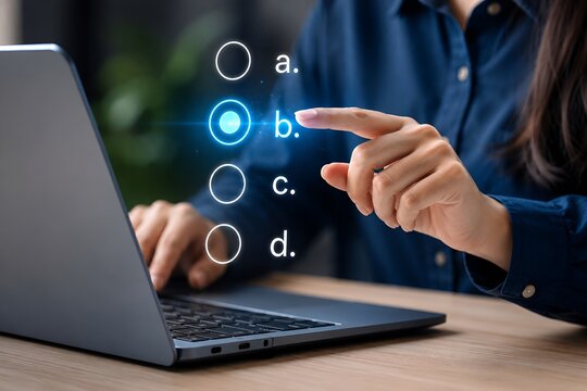 Close up of woman hand selecting option on virtual multiple choice menu with laptop