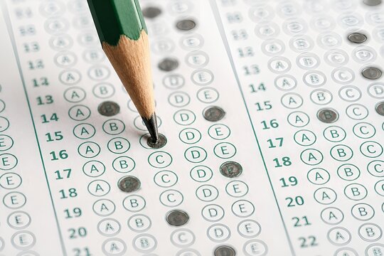 Close up of pencil filling in bubbles on multiple choice exam answer sheet