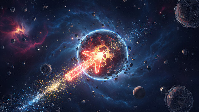 Futuristic red directional arrow pointing towards a shattered exploding planet within a cosmic digital space filled with glowing luminous particles and distant celestial planetary bodies.