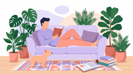 Obraz premium Relaxed man reading book on sofa with dog in a cozy living room