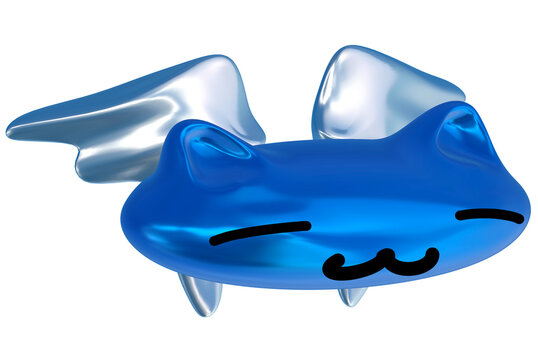 Y2K Frutiger Aero Angel Cat 3D Blue Chrome Resting Flat Face Folded Wings PNG