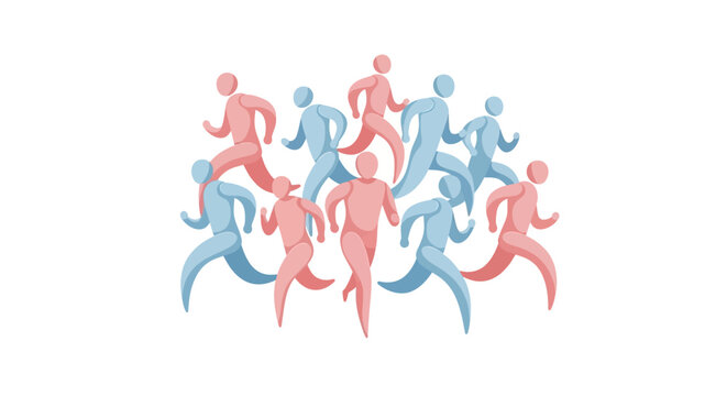 Diverse group of abstract figures running together, representing teamwork and unity