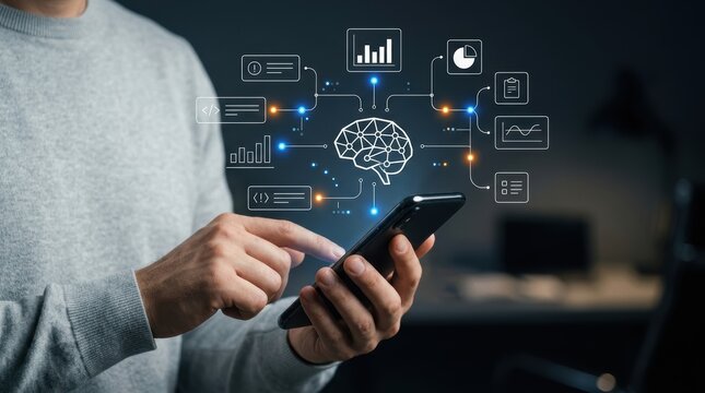 Businessman using smartphone to interact with holographic AI brain and data analytics interface for smart decision making, artificial intelligence, machine learning modern technology business concept