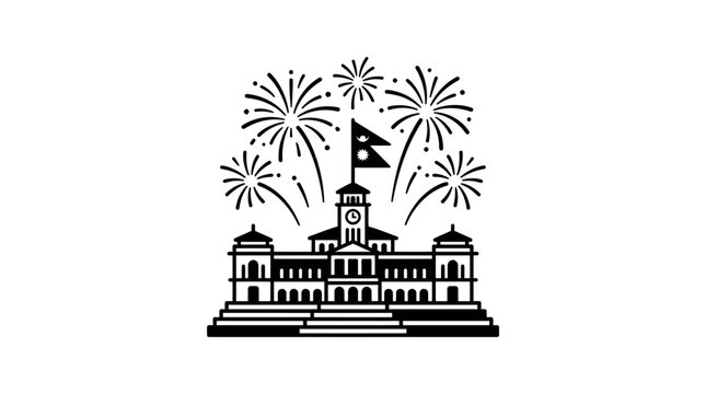 Black and white illustration of Singha Durbar with fireworks in Nepal.