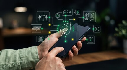 Businessman using smartphone to monitor renewable energy systems through a green digital interface, sustainability concept, green technology, smart grid management modern technology business concept © Neo