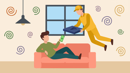 Obraz premium Pizza delivery at home: Customer paying courier for fast food service