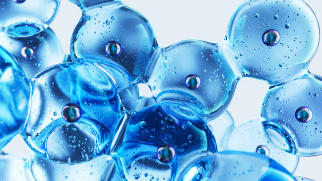 Macro blue gel bubbles with iridescent droplets