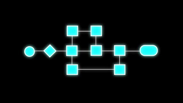 Glowing neon flowchart diagram for business process and data workflow visualization