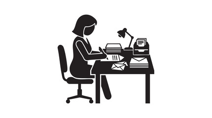 Fototapeta premium Person Working at Desk with Documents, Lamp, and Envelope Mail Icons, Office Workflow Concept in Bold Black and White Vector Style