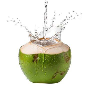 A close-up view of a green coconut with water splashing out of the top.