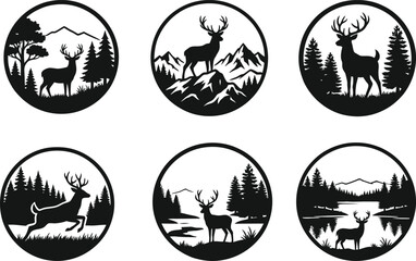 Fototapeta premium Deer And Forest Scene Circular Silhouettes Repeating Pattern Silhouette
