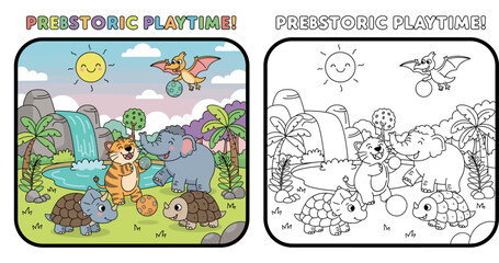 Prehistoric Playtime! Cute Cartoon Animals Playing Ball by Waterfall © MstSangita
