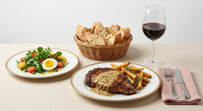 Grilled entrecote with bercy sauce, served with rosemary fries, fresh salad, and wine at an elegant table