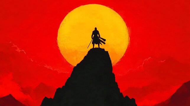 Warrior sunset peak silhouette, mountainscape, game art