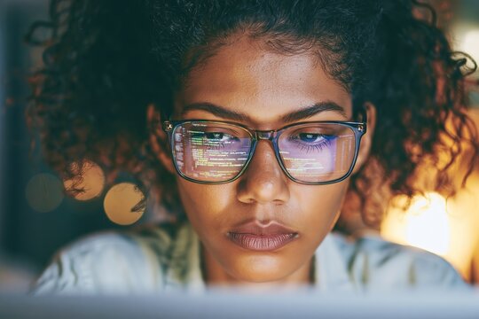 Focused woman wearing glasses with code reflected in lenses working late at night