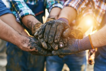 Fototapeta premium Teamwork and unity shown through hands covered in mud and dirt, symbolizing hard work