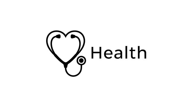 Black heart stethoscope and Health text medical logo
