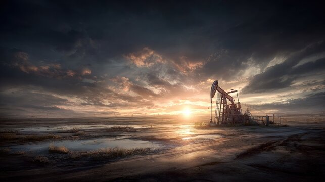 Industrial extraction machinery operates under a dramatic, clouded sky at twilight across a desolate landscape.