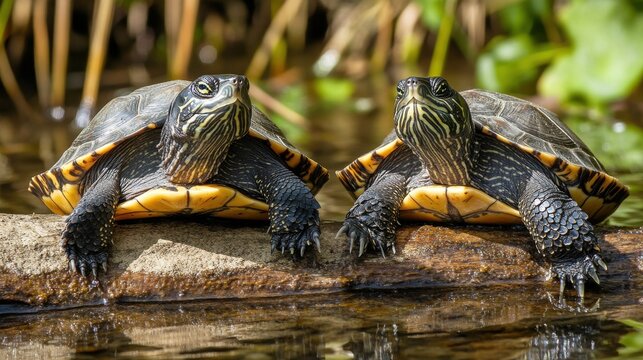 Two mud turtles resting on a log in tranquil water